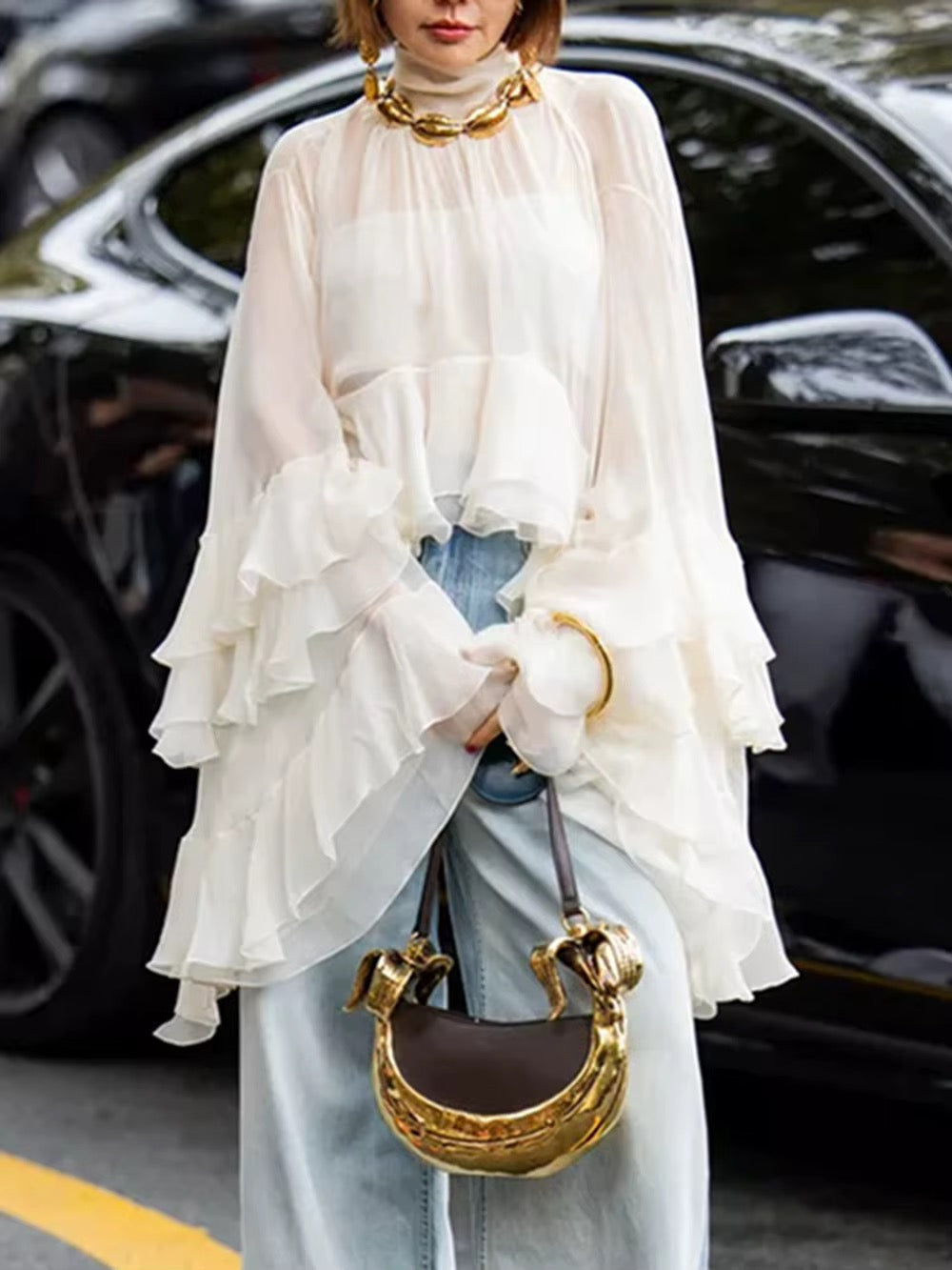 Chiffon Ruffle Blouse Sheer Lace Up Full Flared Sleeve Irregular Shirt