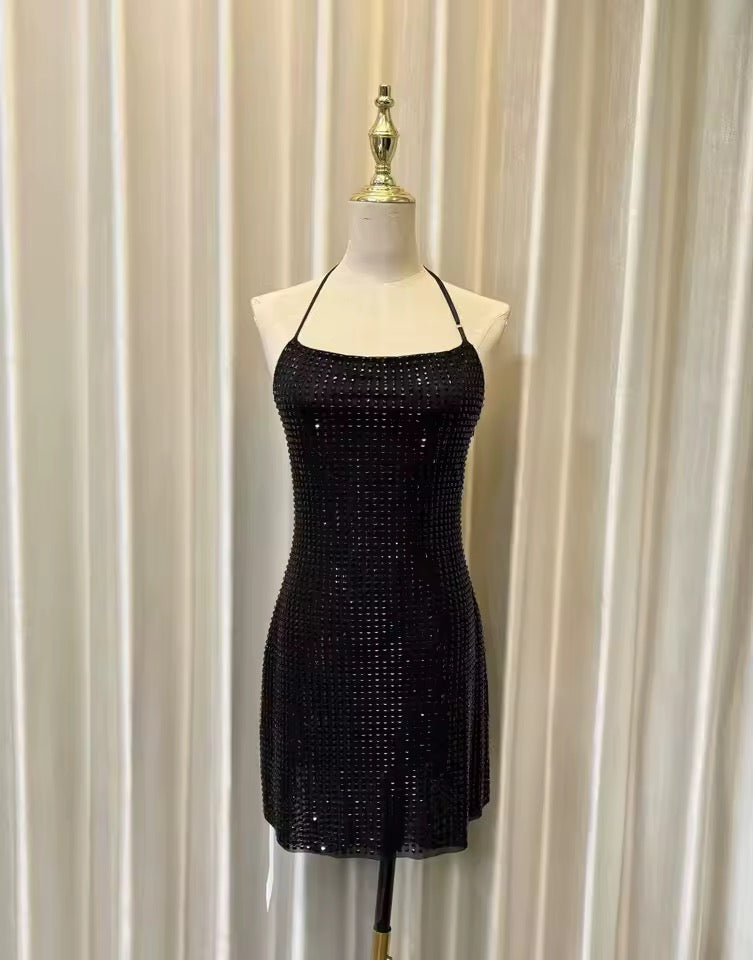 Halterneck Diamond Mini Dress In Black