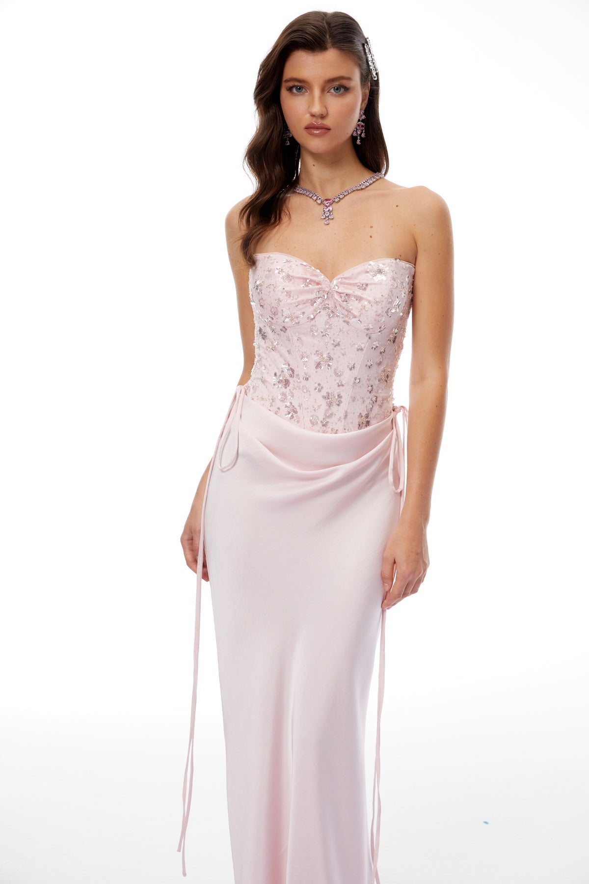 Pink Corseted Bodysuit & Satin Skirt Set