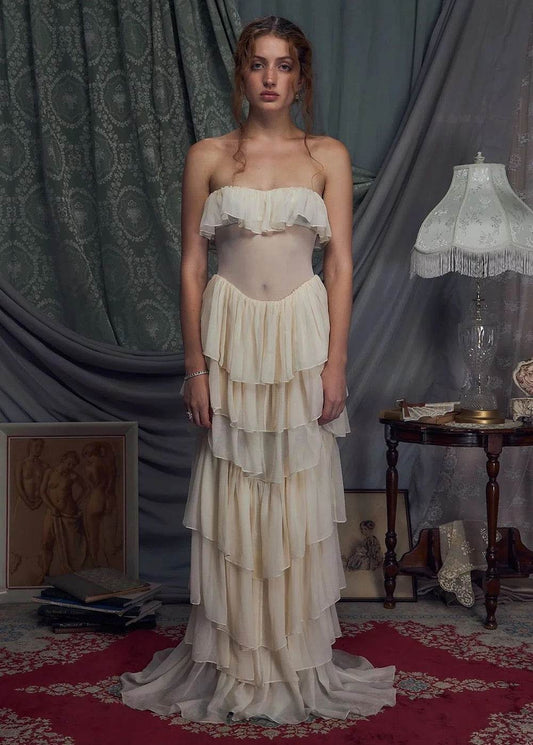 Strapless Chest Tie Chiffon Layered Ruffle Edge Long Dress - REBECATHELABEL
