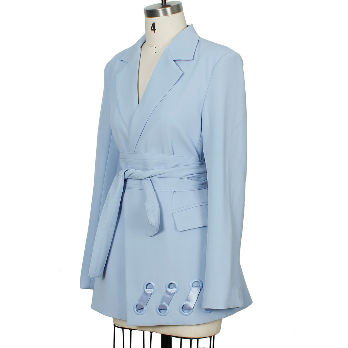 Notched Collar Full Sleeve Sashes Pocket Lace Up Belt Waisted