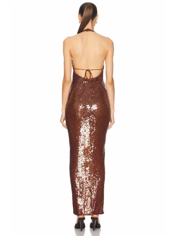 Halter Neck Backless Lace-up Sequins Long Dress