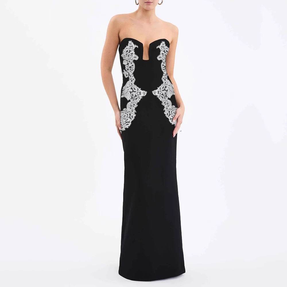 Velvet Sexy Strapless Lace Decoration V-neck Long dress - REBECATHELABEL