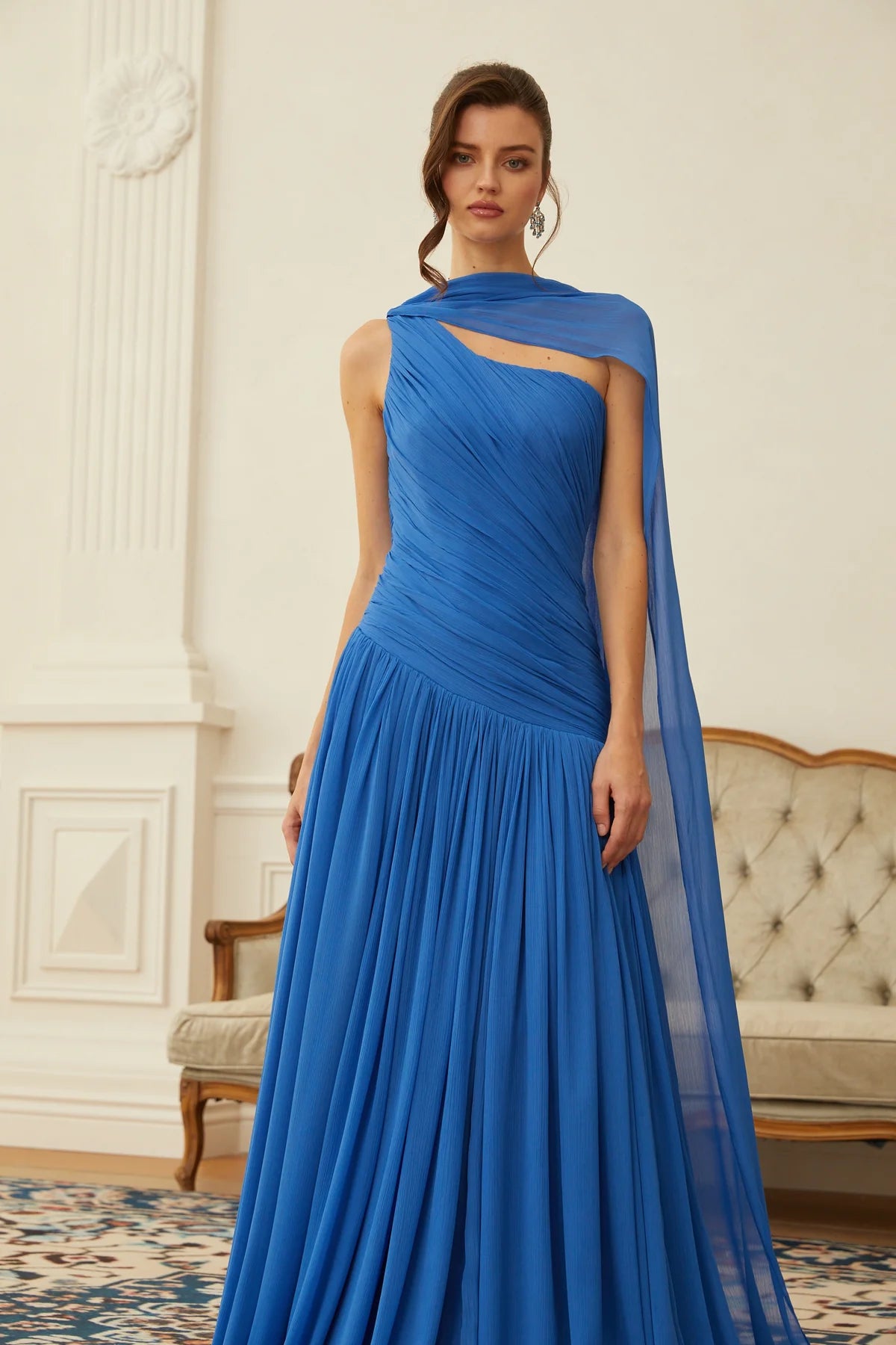 Blue Cape Design Ruched Maxi Dress