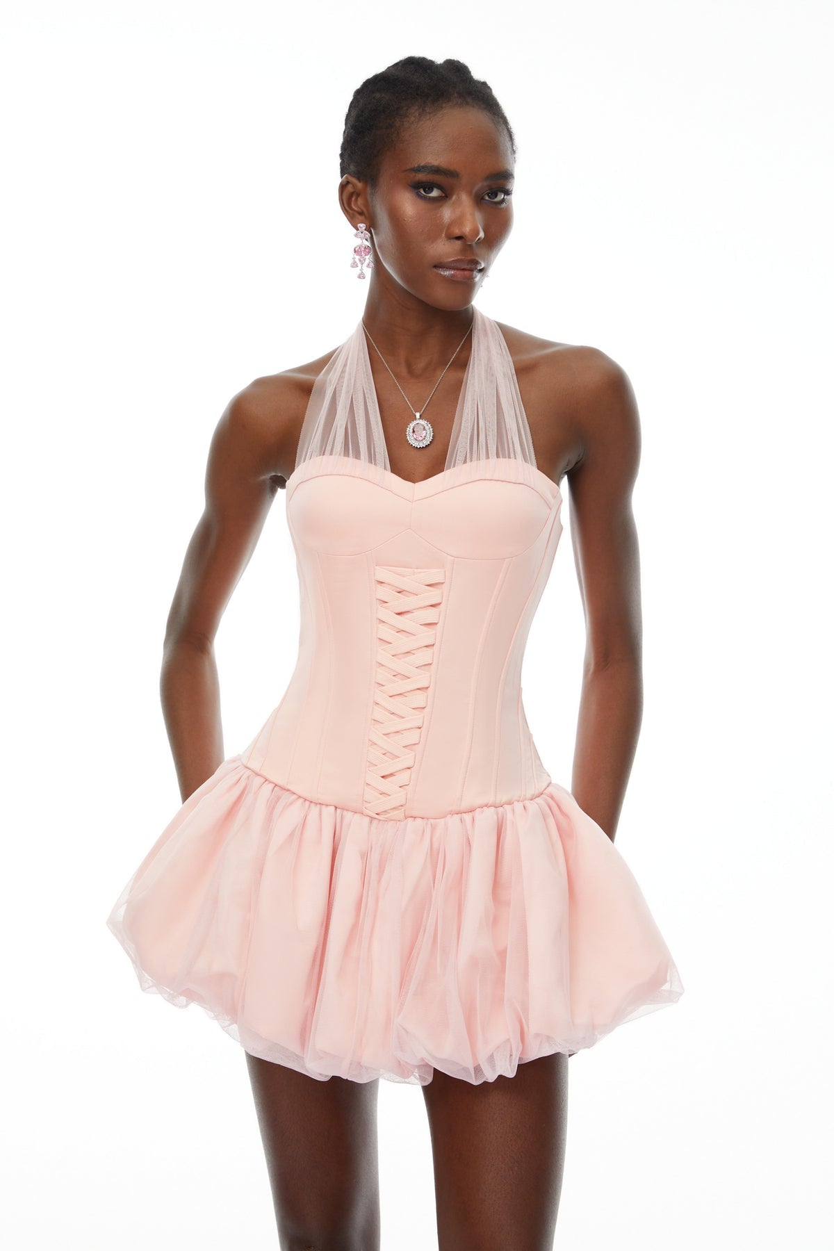 Pink Halterneck Oraganza Panel Satin Mini Dress