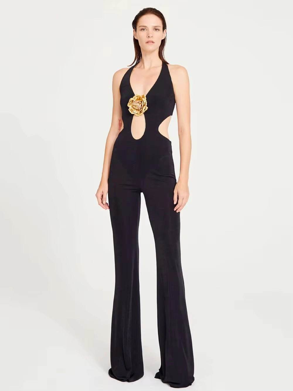 3D Flower Backless Halter Jumpsuits - REBECATHELABEL