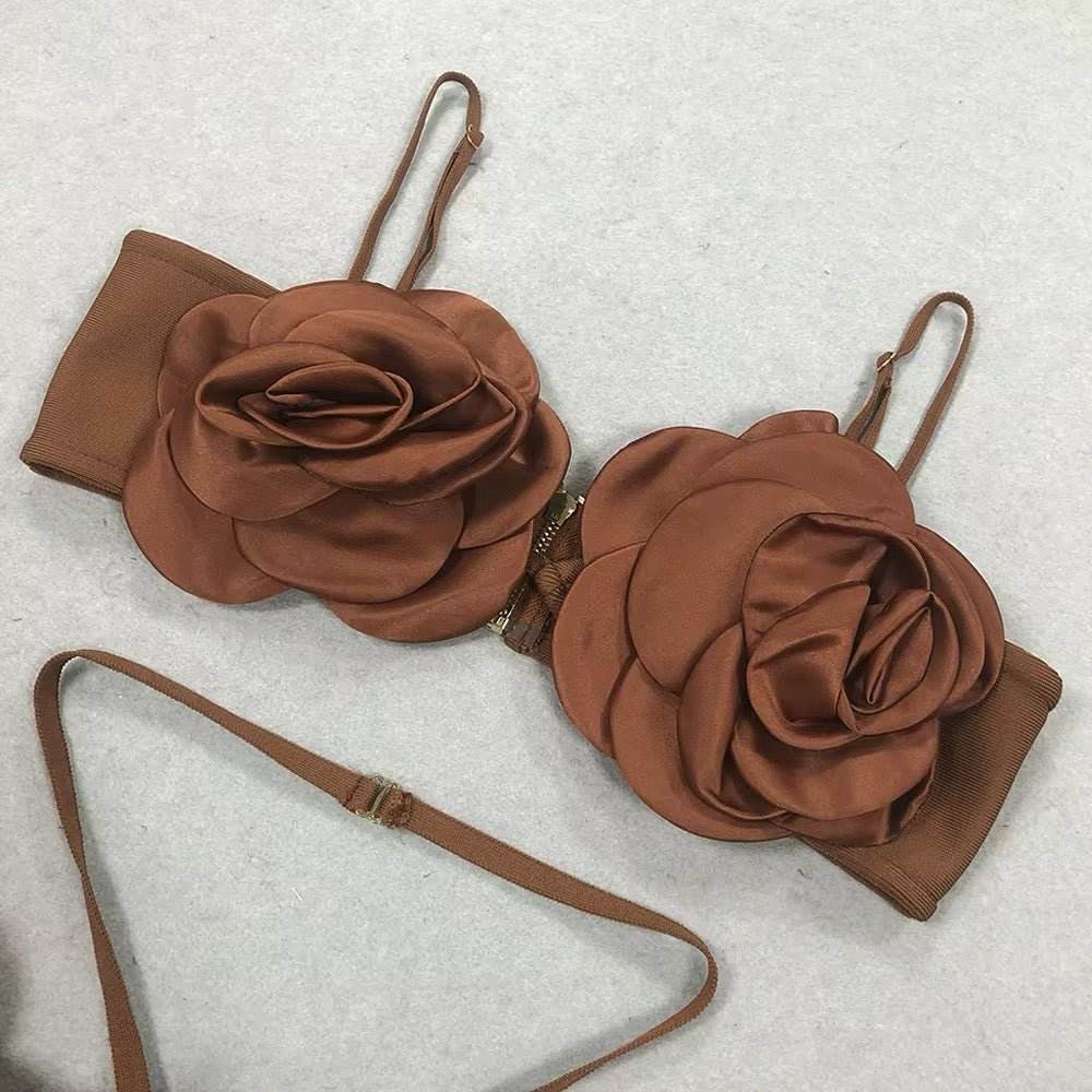 3D Flower Bandage Top+Skirt Two-Piece Set Crop Top Large Flower Wrapped Corset set - REBECATHELABEL