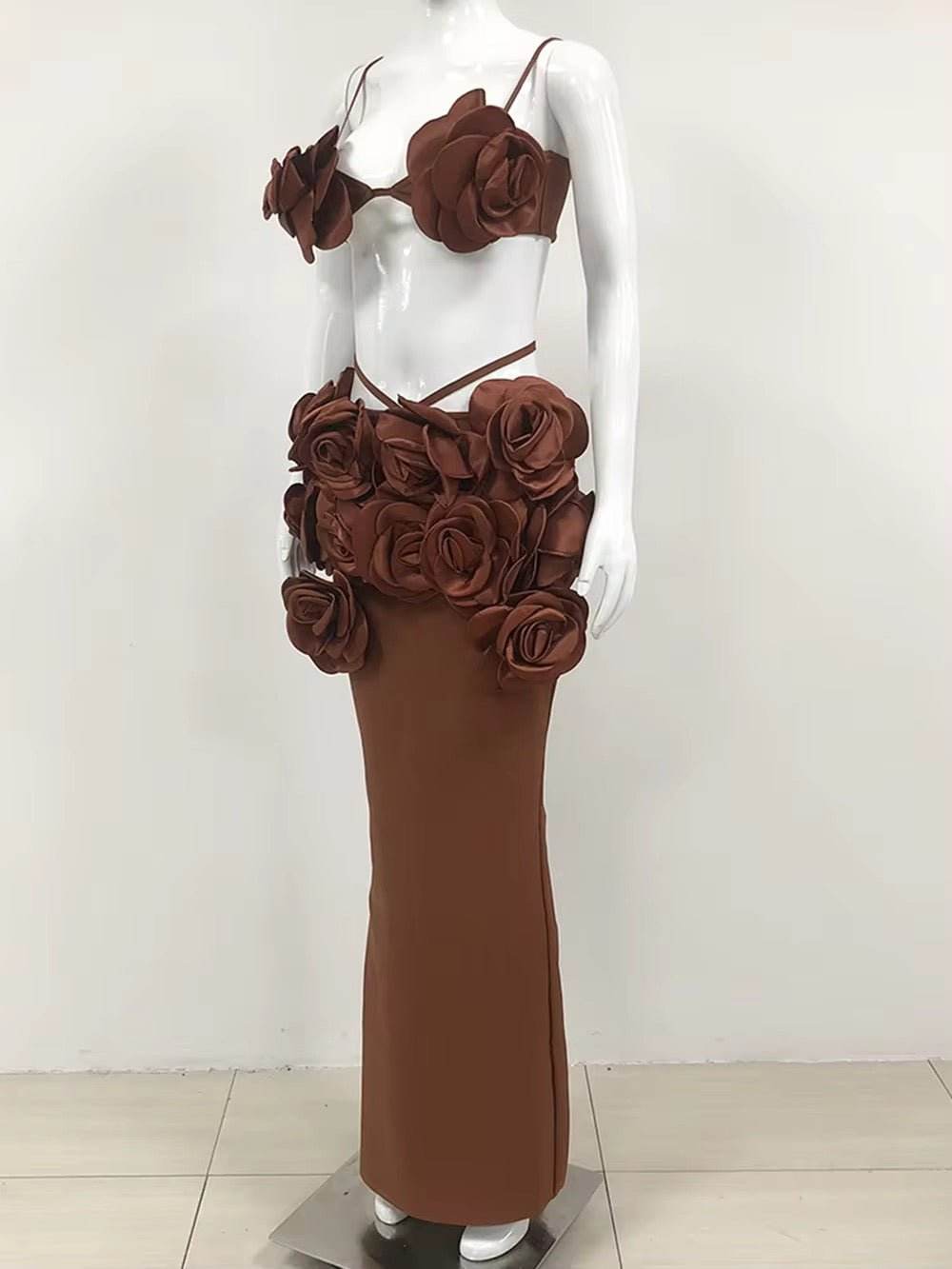 3D Flower Bandage Top+Skirt Two-Piece Set Crop Top Large Flower Wrapped Corset set - REBECATHELABEL