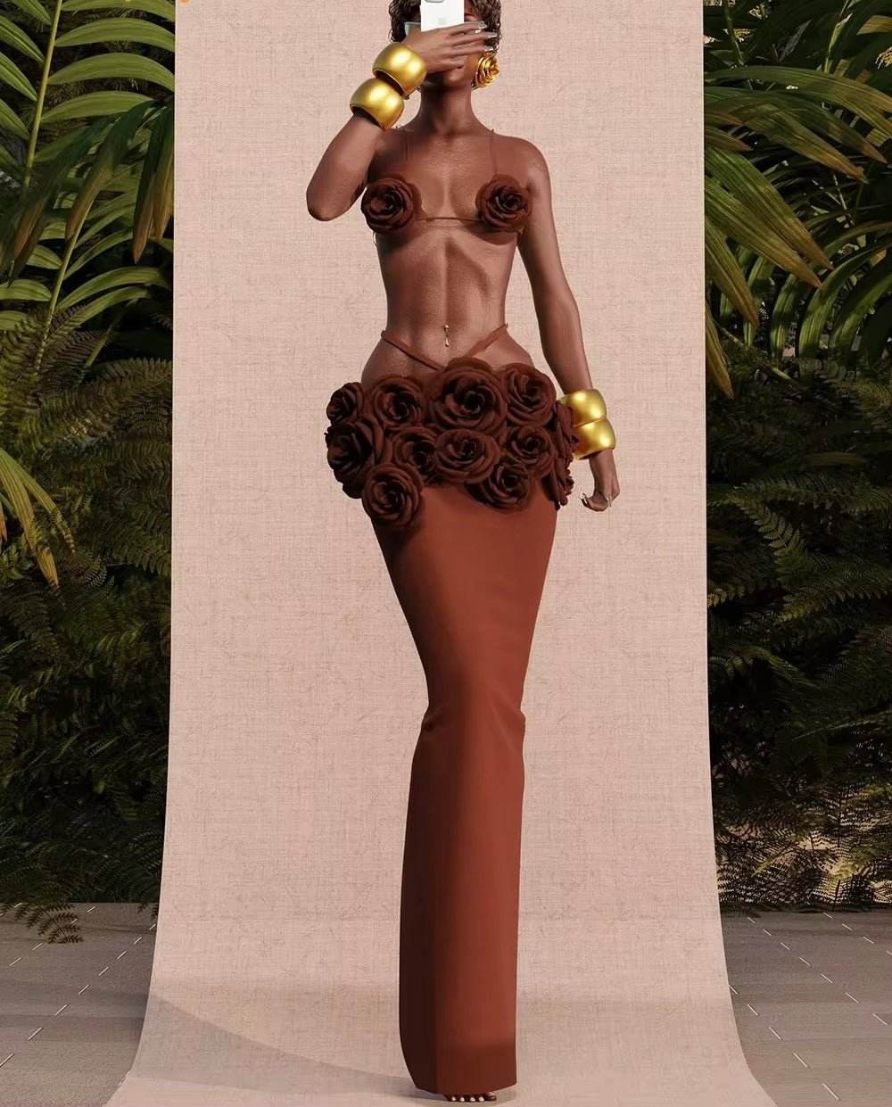 3D Flower Bandage Top+Skirt Two-Piece Set Crop Top Large Flower Wrapped Corset set - REBECATHELABEL