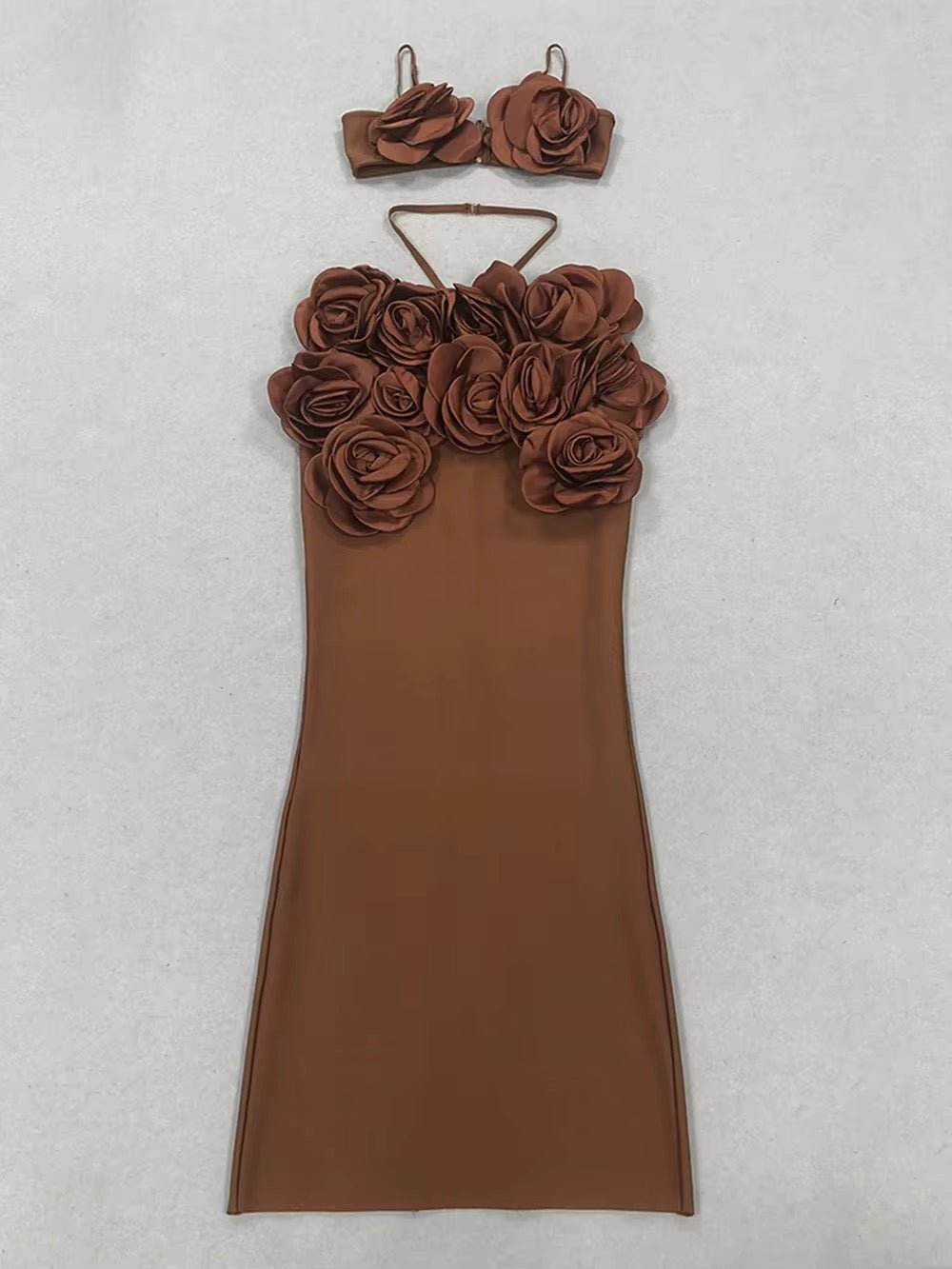 3D Flower Bandage Top+Skirt Two-Piece Set Crop Top Large Flower Wrapped Corset set - REBECATHELABEL