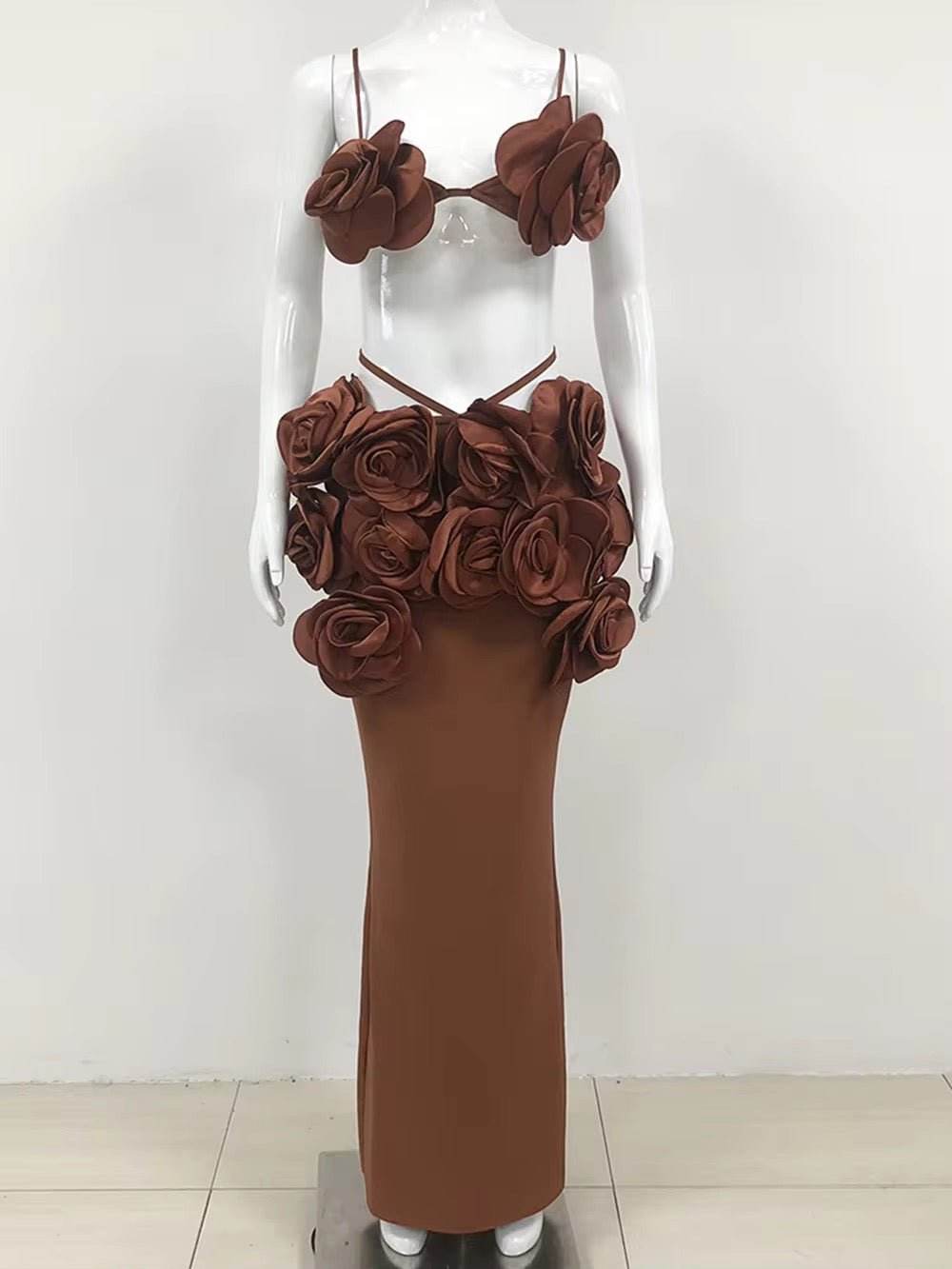 3D Flower Bandage Top+Skirt Two-Piece Set Crop Top Large Flower Wrapped Corset set - REBECATHELABEL