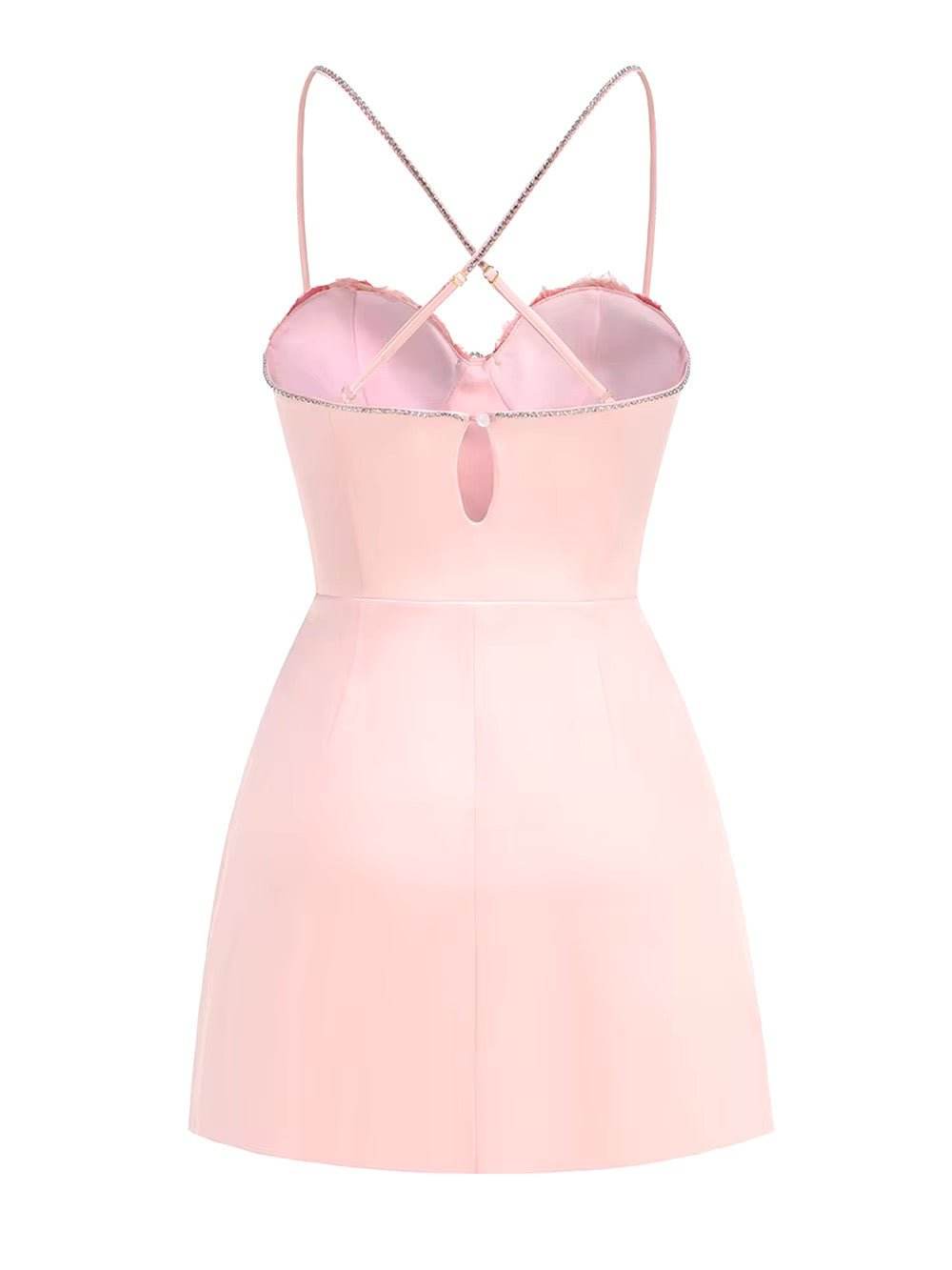 3D Flower Diamond Appliques Spaghetti Strap Pink Sexy Mini Dress - REBECATHELABEL