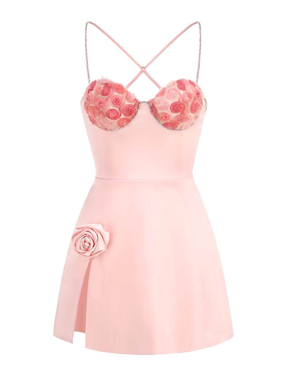 3D Flower Diamond Appliques Spaghetti Strap Pink Sexy Mini Dress - REBECATHELABEL