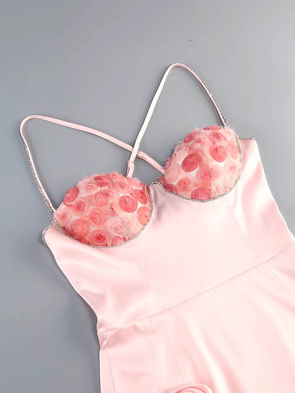3D Flower Diamond Appliques Spaghetti Strap Pink Sexy Mini Dress - REBECATHELABEL