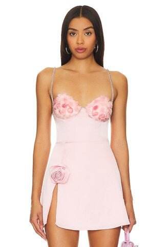 3D Flower Diamond Appliques Spaghetti Strap Pink Sexy Mini Dress - REBECATHELABEL