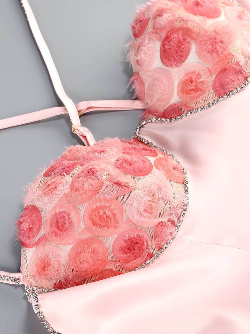 3D Flower Diamond Appliques Spaghetti Strap Pink Sexy Mini Dress - REBECATHELABEL