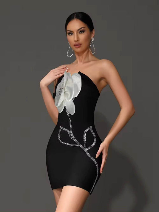 3D Flower Off Shoulder Tight Bandage Mini Dress - REBECATHELABEL