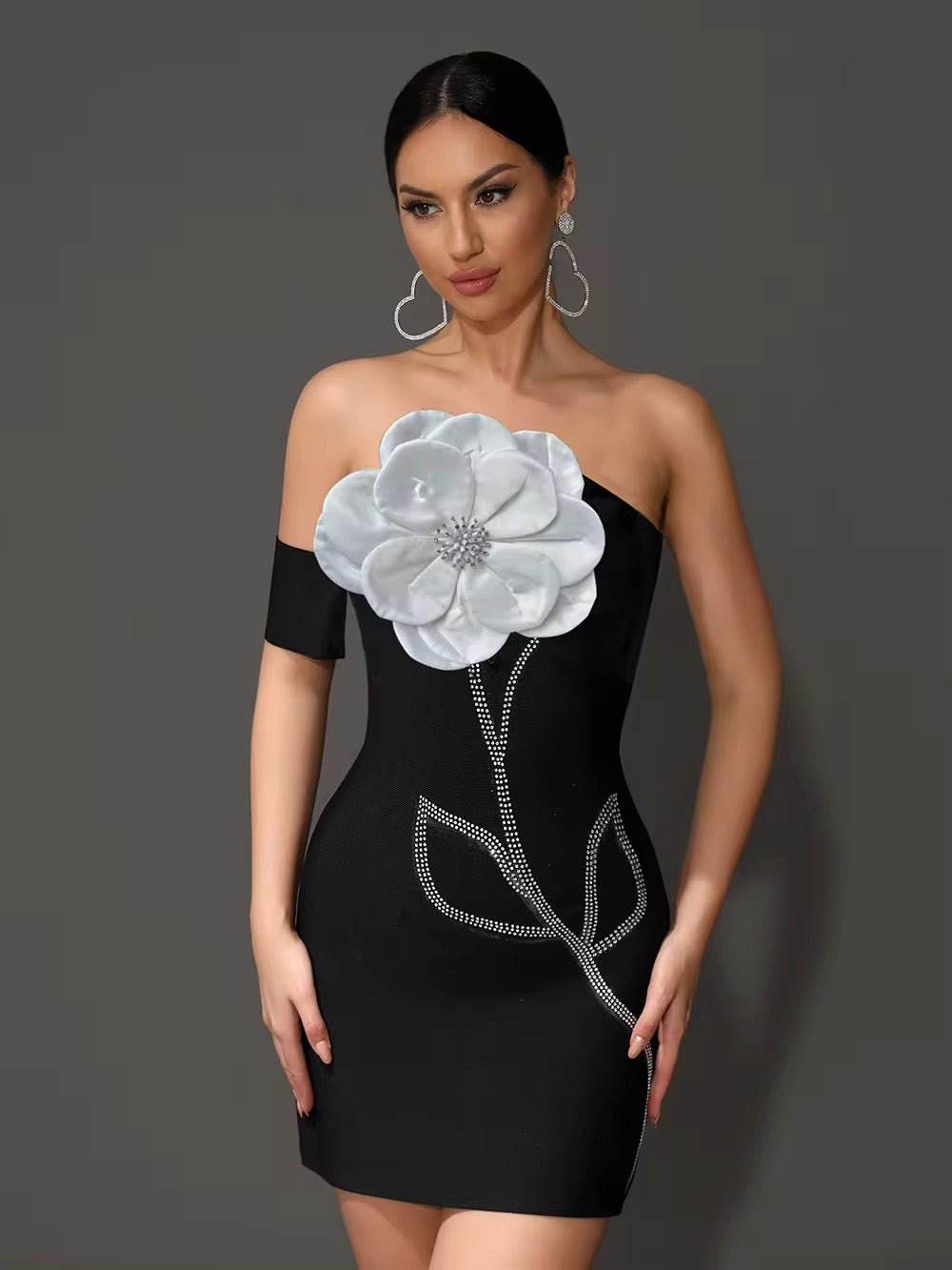 3D Flower Off Shoulder Tight Bandage Mini Dress - REBECATHELABEL