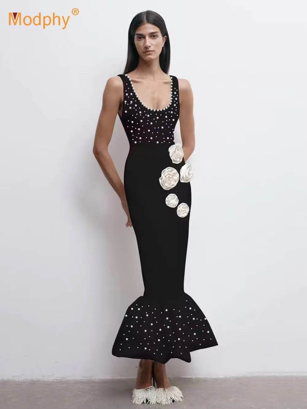 3D Flower Pearl Bodycon Evening dress - REBECATHELABEL