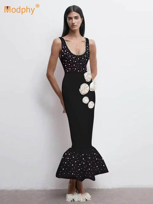 3D Flower Pearl Bodycon Evening dress - REBECATHELABEL