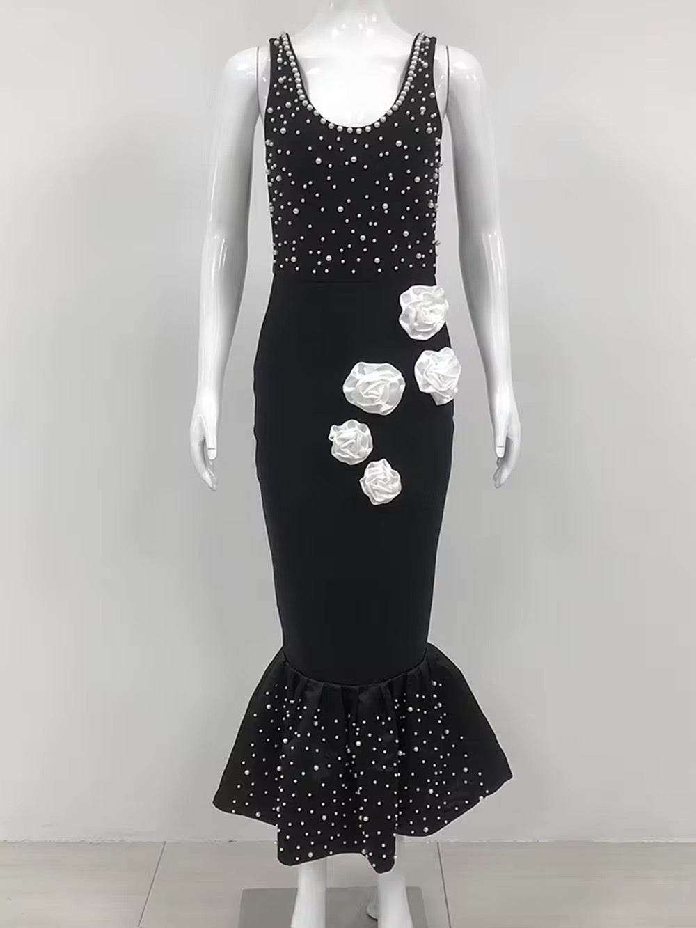 3D Flower Pearl Bodycon Evening dress - REBECATHELABEL