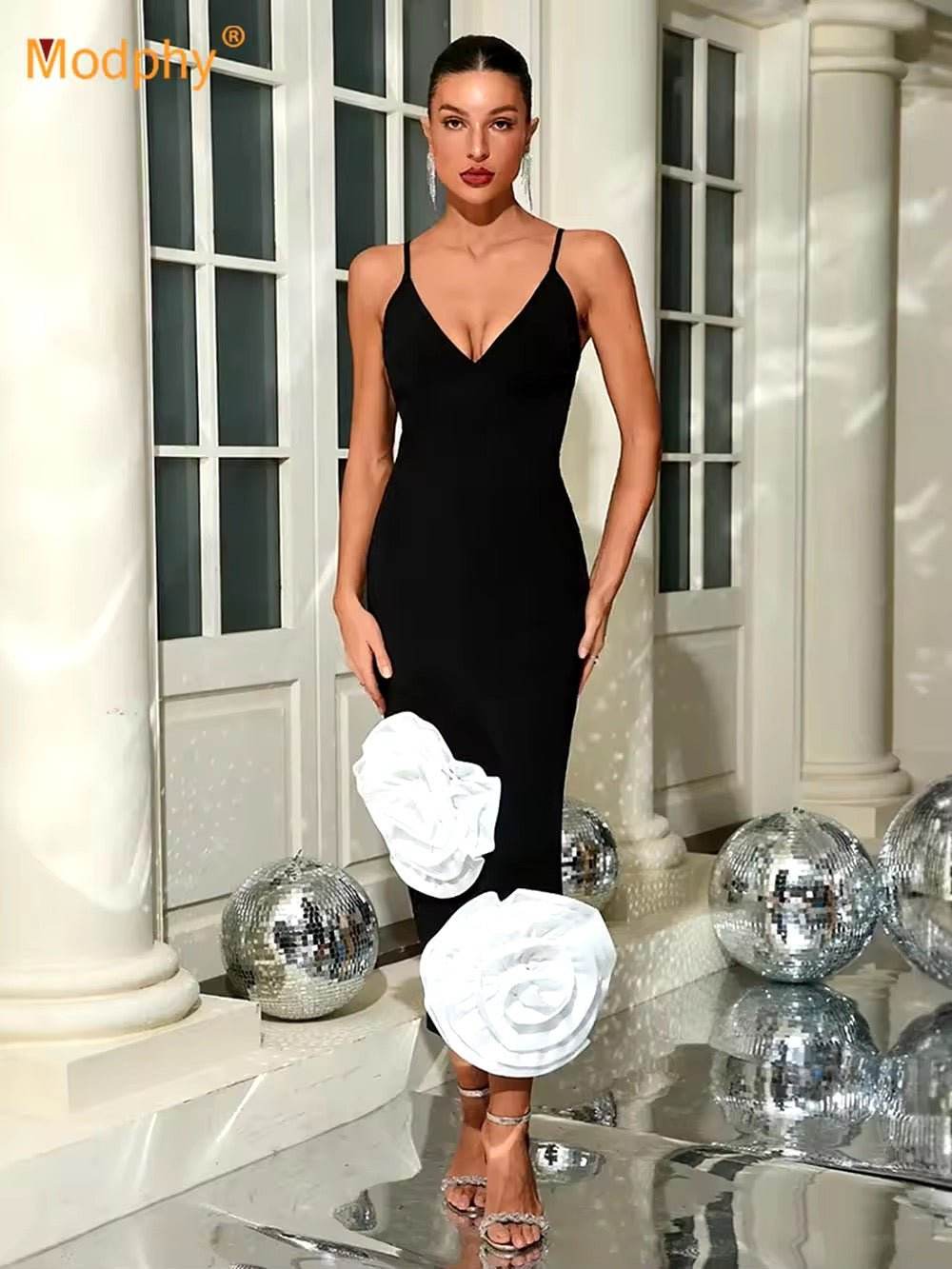 3D Flower Stitching Spaghetti Strap Backless dress - REBECATHELABEL