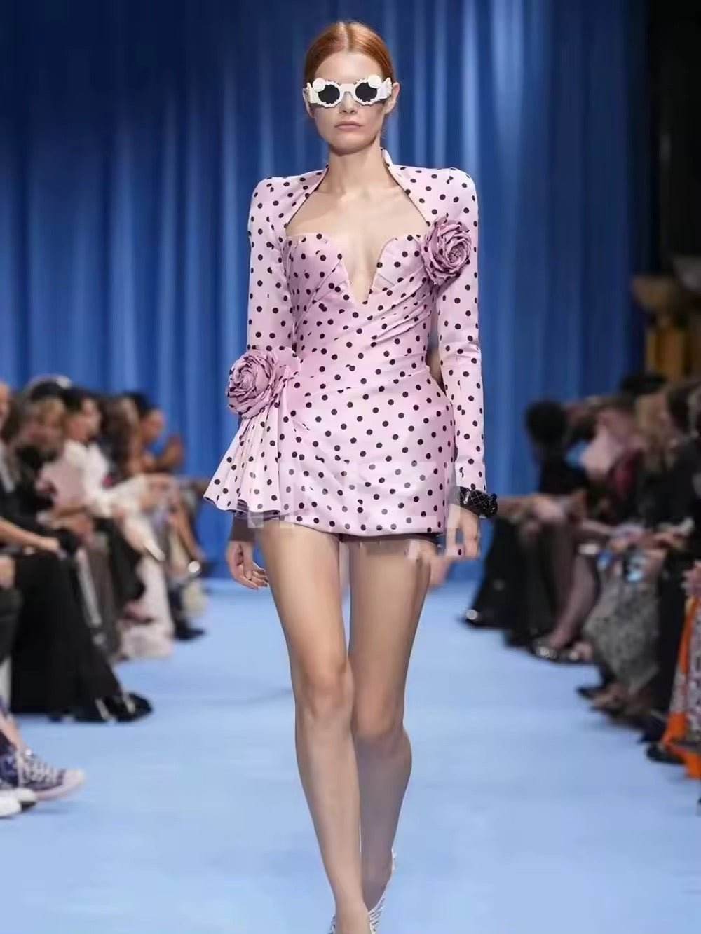 3D Flowers A-Line Dress Polka Dots Swing Dress - REBECATHELABEL