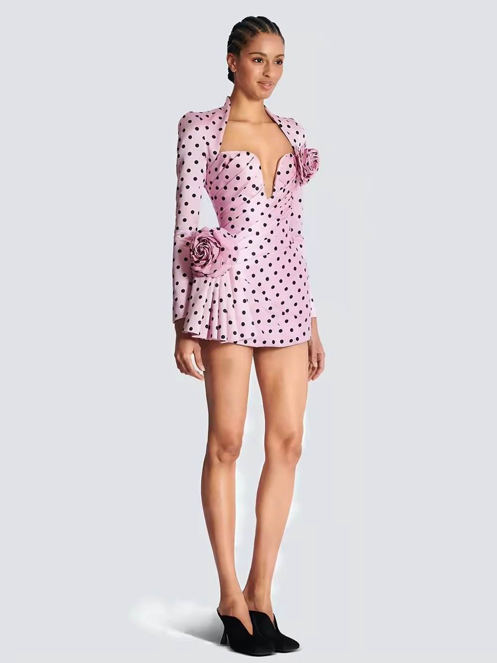 3D Flowers A-Line Dress Polka Dots Swing Dress - REBECATHELABEL