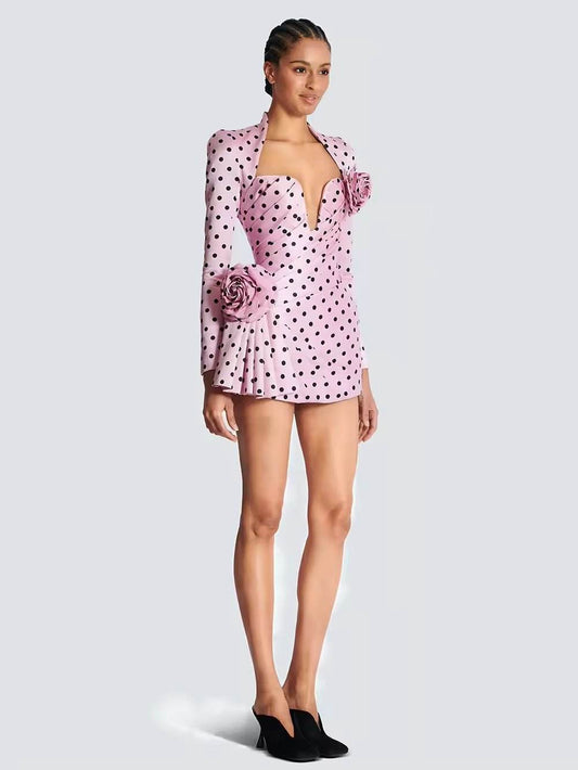 3D Flowers A-Line Dress Polka Dots Swing Dress - REBECATHELABEL