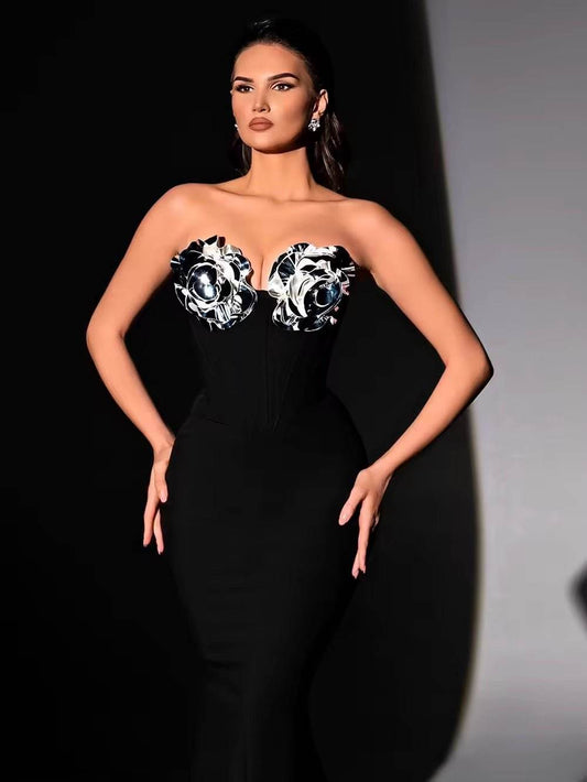 3D Flowers Strapless Long Black Mermaid Maxi Dress - REBECATHELABEL