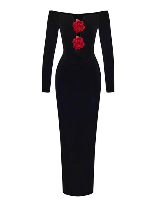 3D Flowers velvet Maxi Dress - REBECATHELABEL