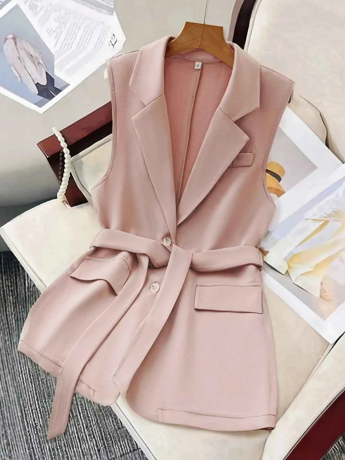 Tie Waist Lapel Collar Sleeveless Blazer