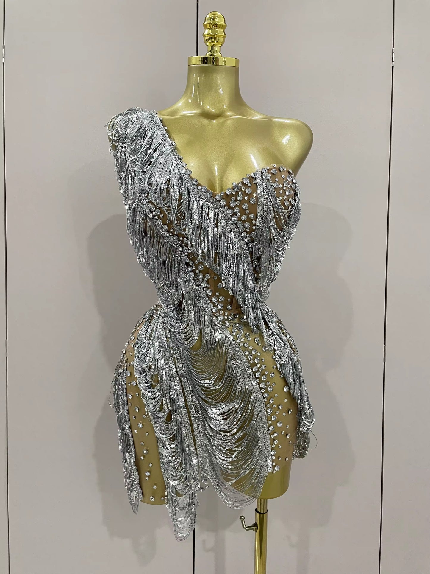 Sparkly Rhinestone Sequins Tassel Mesh One Shoulder Short Dress