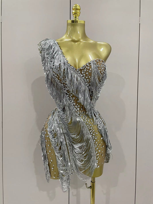 Sparkly Rhinestone Sequins Tassel Mesh One Shoulder Short Dress