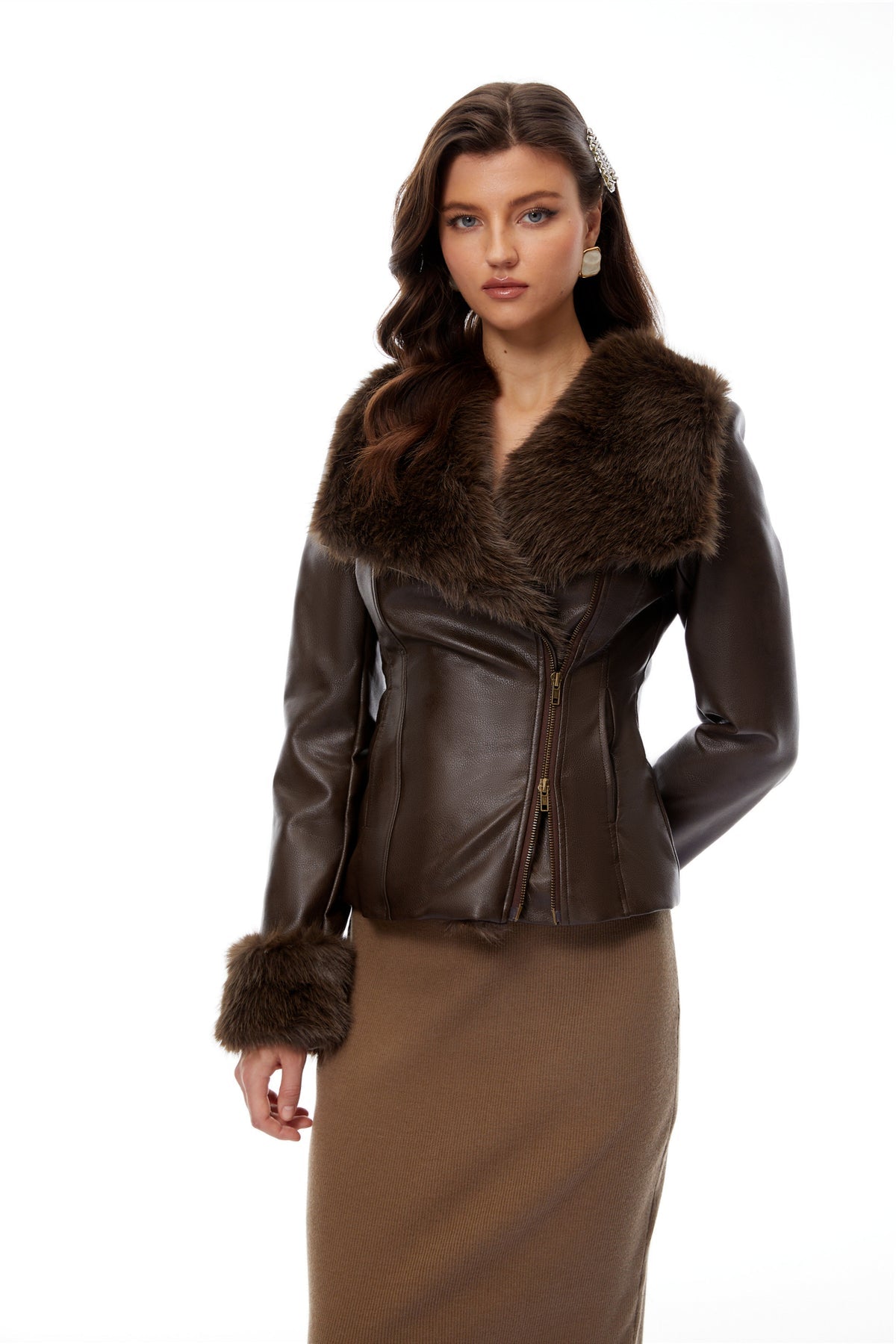 Brown Fur Panel Leather Biker Jacket