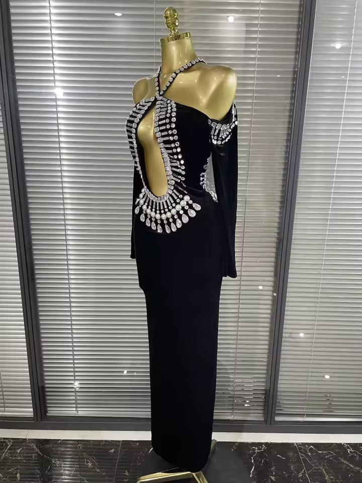 Halter Off the Shoulder Velvet Bodycon Long Gown Dress