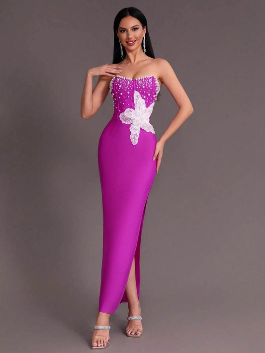 Beaded Sexy Strapless Side Split Long Bandage Dress - REBECATHELABEL
