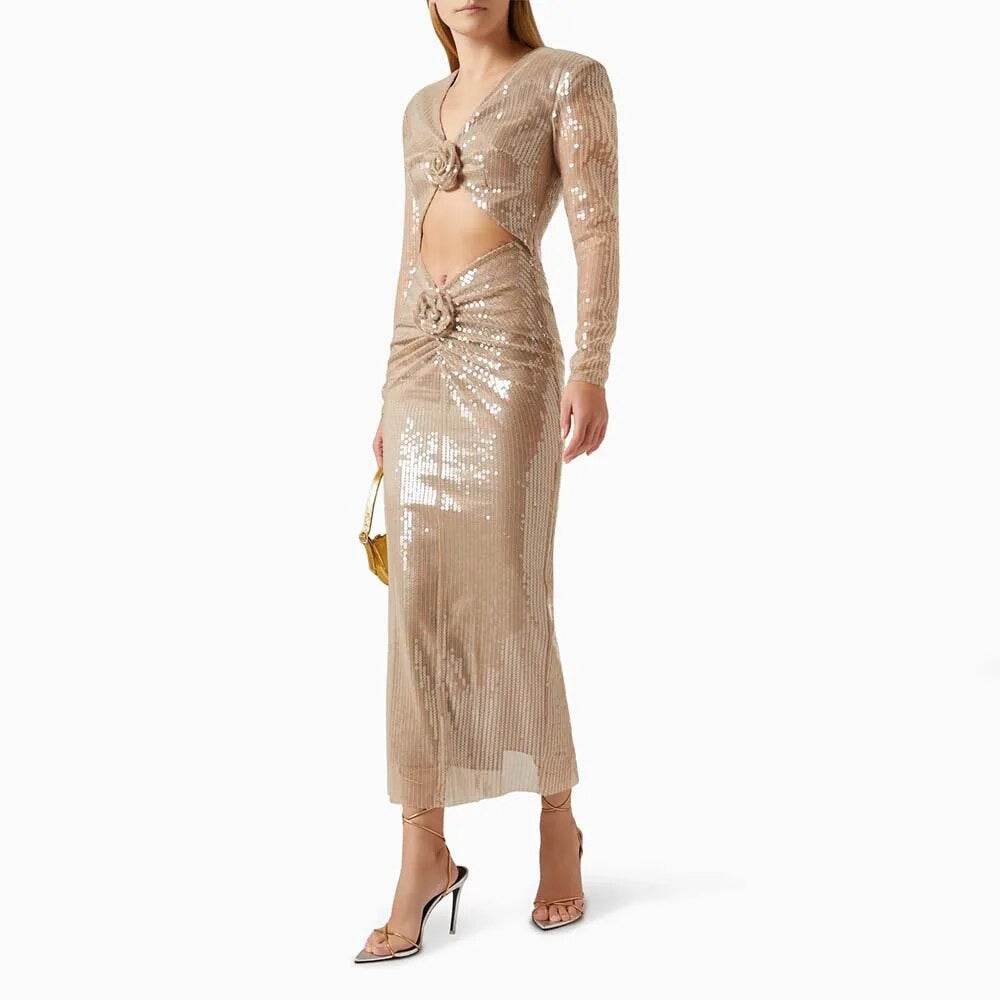 V-neck Long sleeved 3D Flower Sequin Hollow Tight Midi Dress - REBECATHELABEL