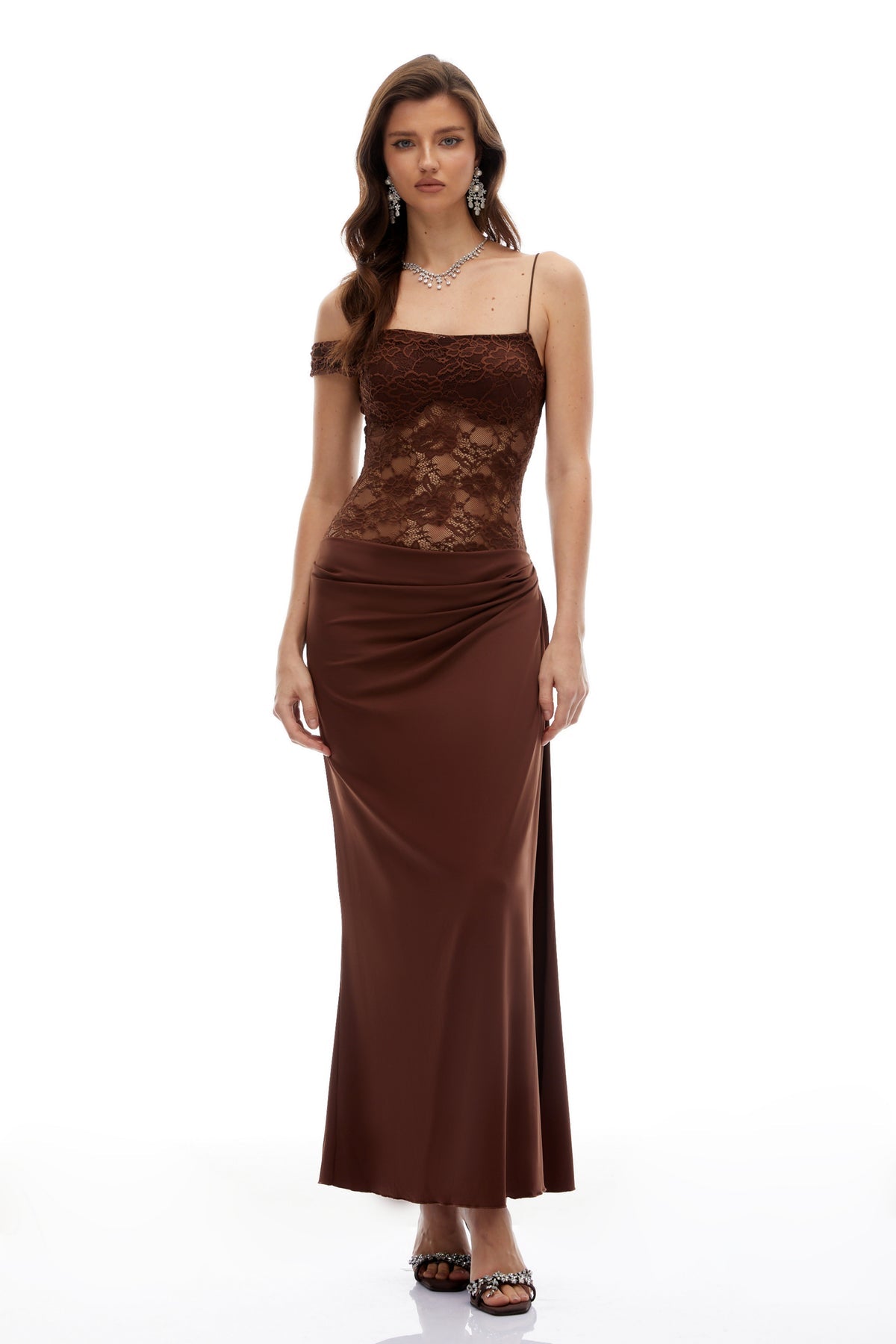 Brown Lace Panel Asymmetrical Maxi Dress