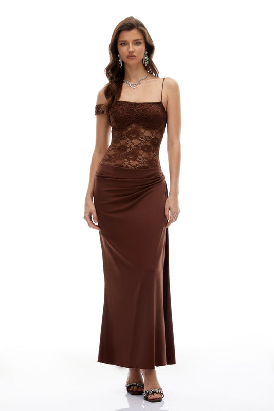 Brown Lace Panel Asymmetrical Maxi Dress