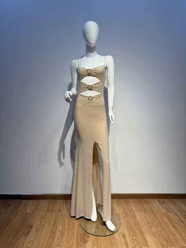 Sleeveless Backless Spaghetti Strap Hollow Out Diamonds Long Dress  Shiny Rhinestone Split Dress