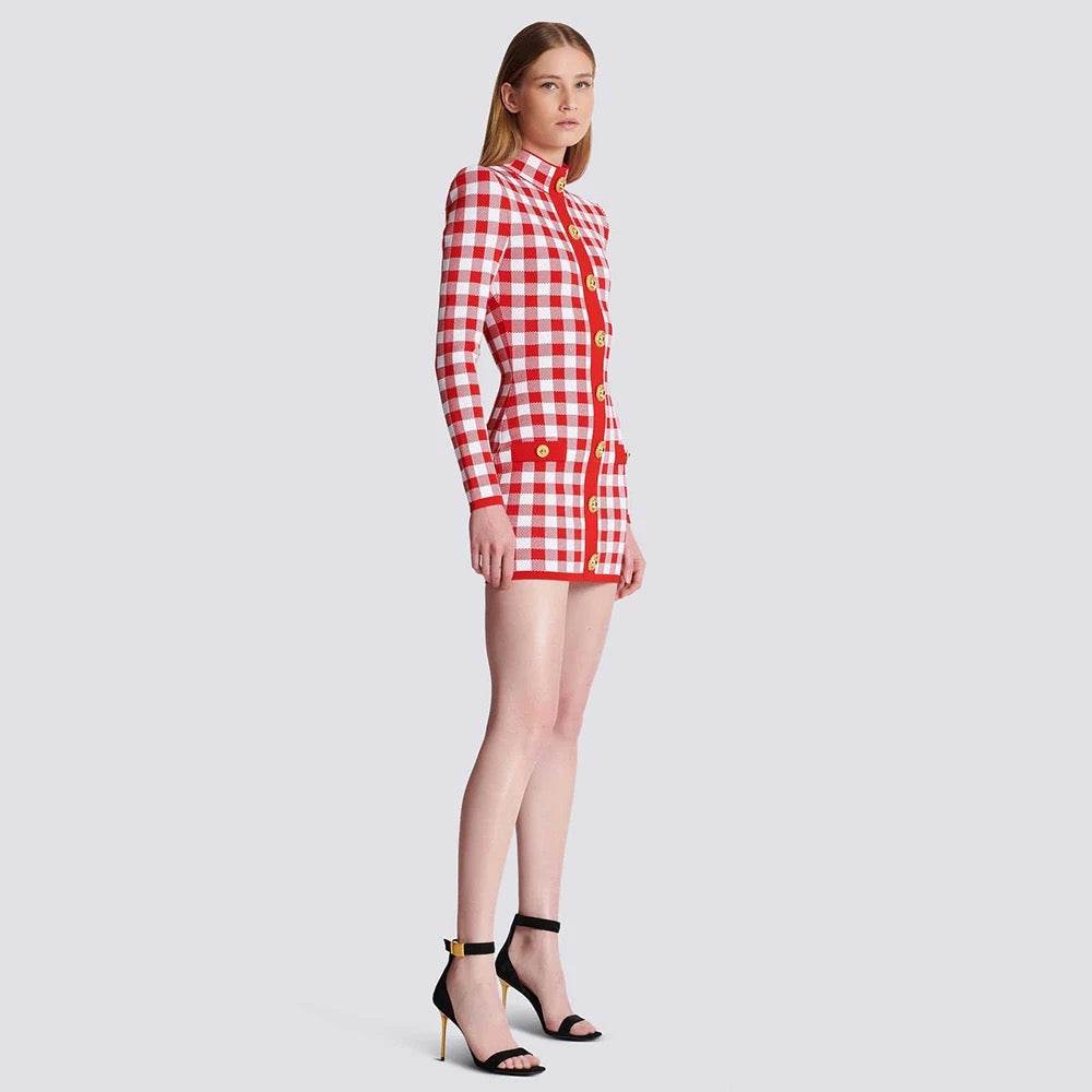 Long Sleeve Button Checkered Jacquard Tight Mini - REBECATHELABEL