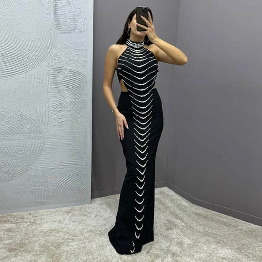 Hollow Beaded Details Design Tight Long Bandage Dress - REBECATHELABEL