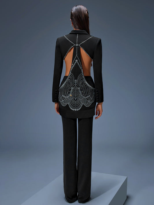 Hollow out Rhinestone Suit Jacket And Pants Two Piece Set