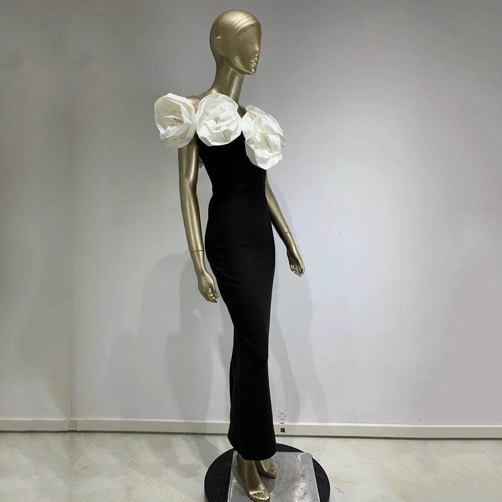 Off Shoulder 3D Flower Design Tight Long Bandage Dress - REBECATHELABEL