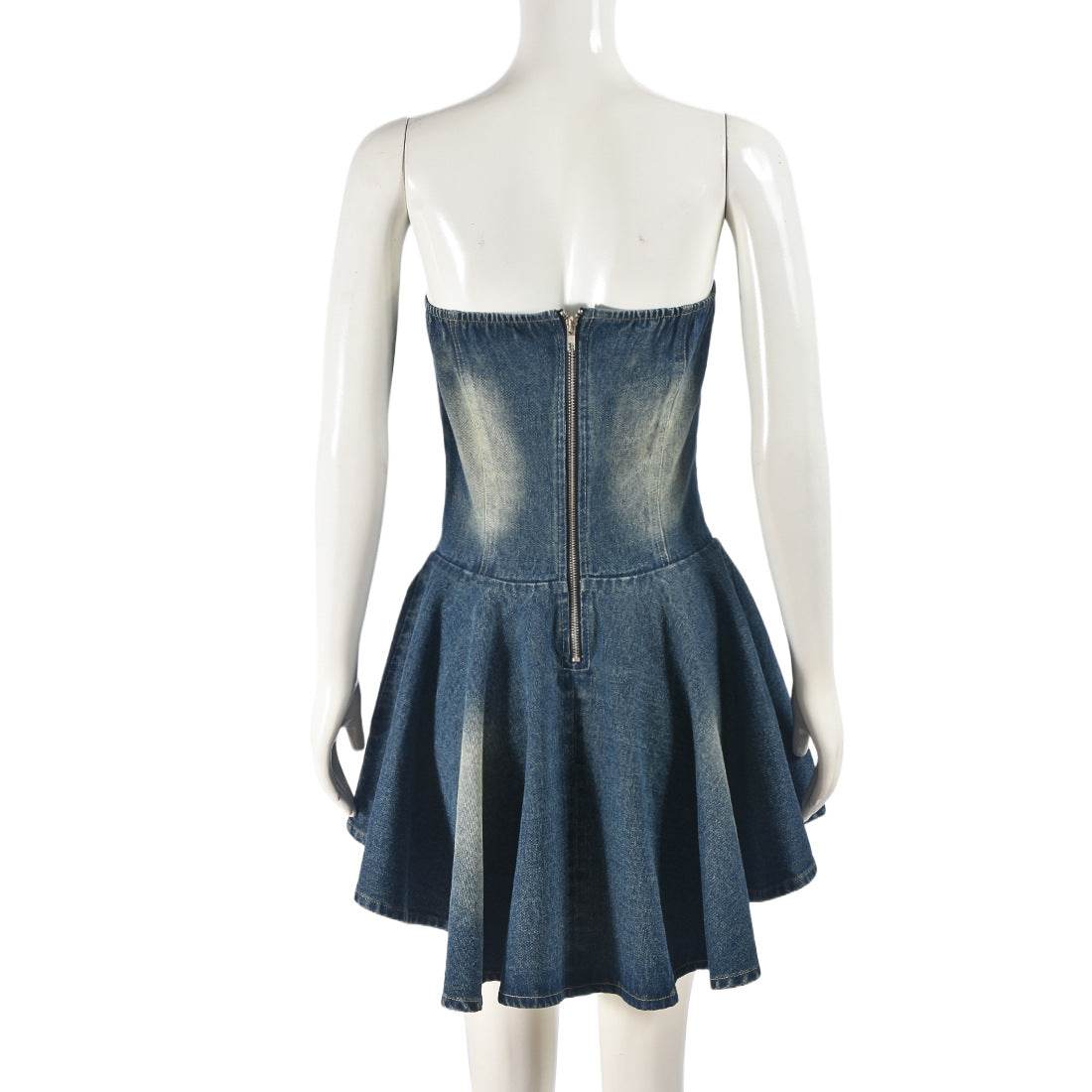 Zipper Lace up Bandeau Sexy Sexy Denim Flounced Dress - REBECATHELABEL