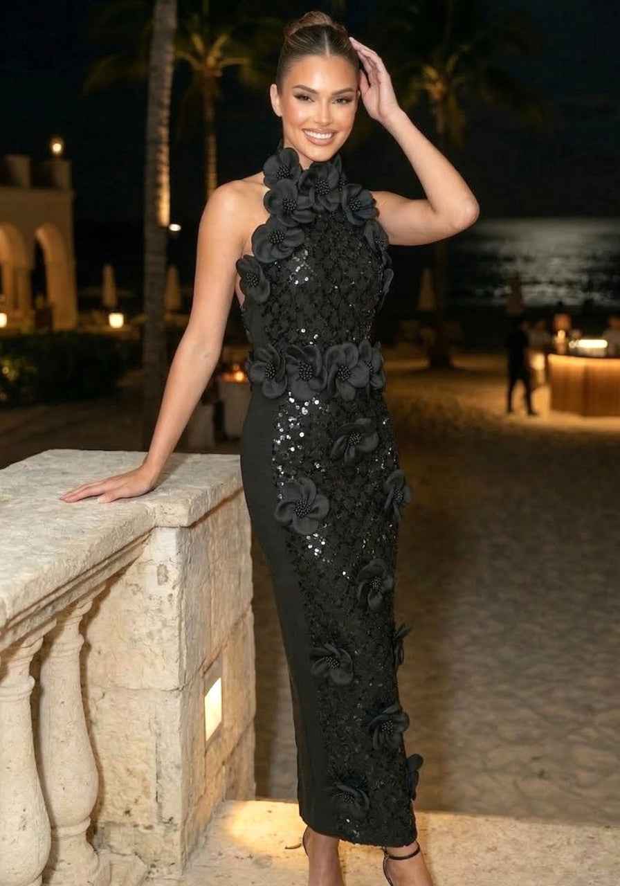 Floral Sequin Maxi Dress Black