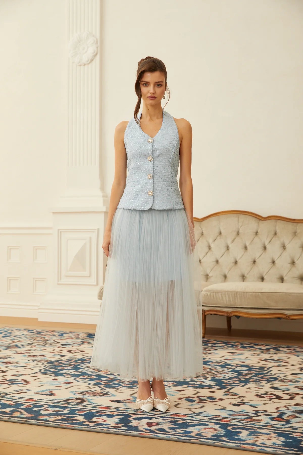 Blue Tweed Waistcoat & Tulle Skirt Set