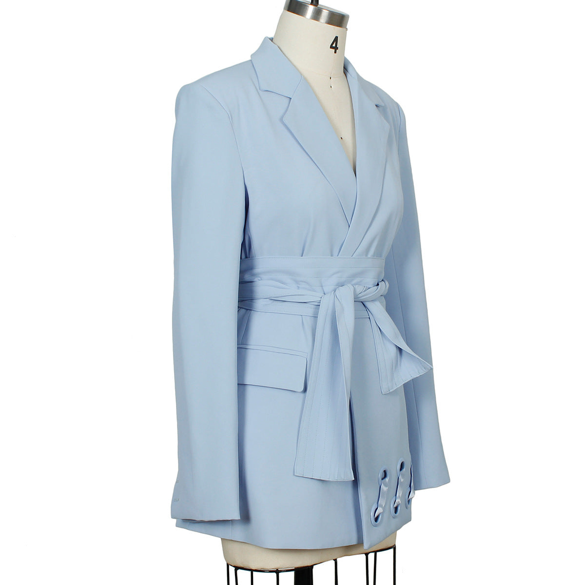 Notched Collar Full Sleeve Sashes Pocket Lace Up Belt Waisted