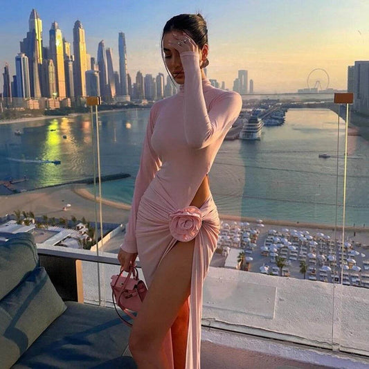 Long sleeved Flower Draped Hollow Tight Long Split Dress - REBECATHELABEL